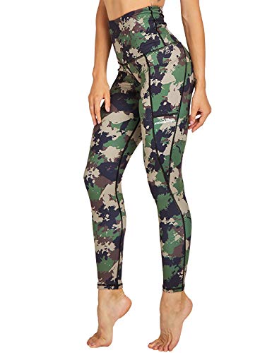 COOLOMG Damen Yoga Leggings Sporthose Laufhose Fitnesshose Gemustert Blickdicht mit Taschen Camo-grün L von COOLOMG