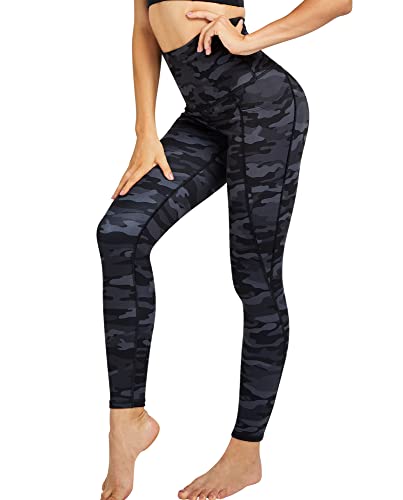 COOLOMG Damen Yoga Leggings Sporthose Laufhose Fitnesshose Gemustert Blickdicht mit Taschen Camo-schwarz L von COOLOMG