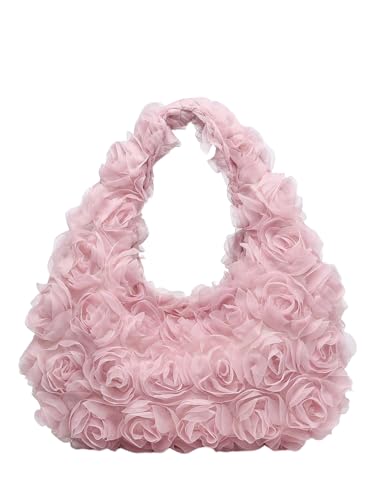 COOLOYA Damen 3D Floral Umhängetasche Niedlich Zart Mesh Blume Handtasche Hochzeit Abend Party Clutch Geldbörse, Pink, Einheitsgröße, Weich von COOLOYA