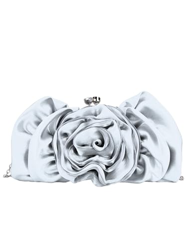 COOLOYA Damen 3D Rose Blume Abendtasche Satin Clutch Geldbörse Floral Hochzeit Tasche Kette Crossbody Schulter Handtaschen, silber, Einheitsgröße von COOLOYA