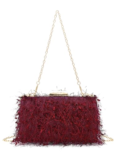 COOLOYA Damen Fuzzy Quaste Clutch Geldbörsen Quadratisch Crossbody Tasche Abend Hochzeit Party Handtasche mit Kette, Weinrot, Einheitsgröße, Weich von COOLOYA