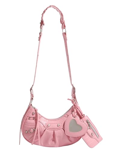 COOLOYA Damen Glänzende Y2K Retro Hobo Taschen Set PU Leder Unterarm Geldbörsen Clutch Schulterhandtaschen mit Münzgeldbörsen, Pink, Einheitsgröße von COOLOYA