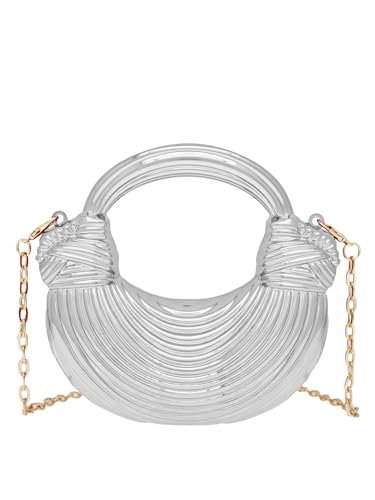 COOLOYA Damen Mini Crescent Acryl Designer Luxus Tasche Clutch Geldbörse Crossbody Schulter Handtasche mit Kette, Silberfarbene Plissee, Einheitsgröße, Weich von COOLOYA