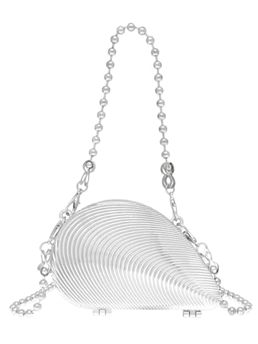 COOLOYA Damen Mini Glänzende Kette Crossbody Abendtasche Sparkly Clutch Geldbörsen Schulter Handtasche Taschen, Silberfarbene Jakobsmuschel, Einheitsgröße von COOLOYA