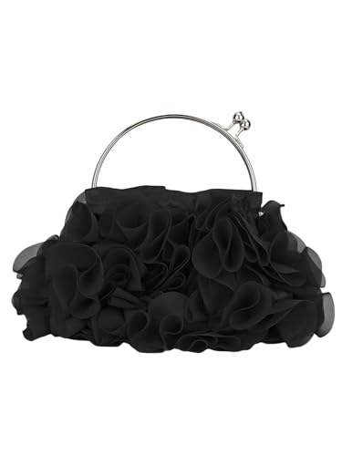 COOLOYA Damen Satin 3D Blume Kette Crossbody Handtasche Abendtaschen Clutch Geldbörse Party Eimer Schultertasche, Schwarz, Einheitsgröße, Weich von COOLOYA
