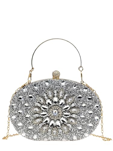 COOLOYA Damen Sonnenblume Strass Glitzer Taschen Top Griff Hochzeit Handtaschen Elegant Abend Clutch Geldbörse, silber, Einheitsgröße von COOLOYA