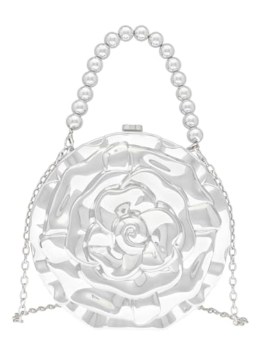 COOLOYA Damen-Umhängetasche mit 3D-Blumenmuster, Acryl, Perlengriff, Handtasche, Clutch, Abendtasche, Schultertasche mit Kette, silber, Einheitsgröße von COOLOYA