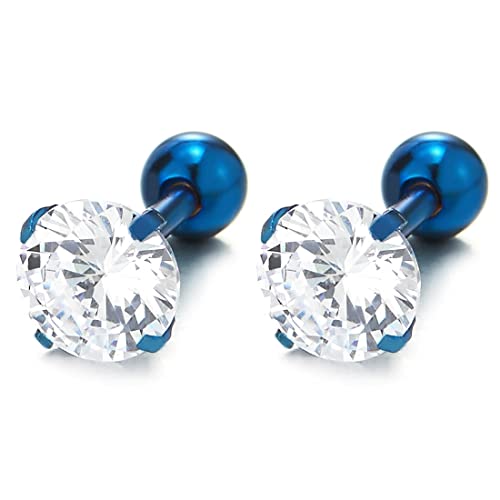 1 Paar 6MM Weiß Zirkonia, Herren Damen Blau Ohr-Stecker Gestüt Ohrringe, Edelstahl Schraube Wieder von COOLSTEELANDBEYOND