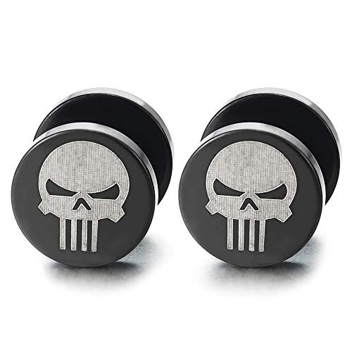 10MM Edelstahl Herren Silber Schwarz Punisher Schädel Ohrstecker, Fake Plugs Ohr Cheater Tunnel Gauges Ohr-Piercing, 1 Paar von COOLSTEELANDBEYOND