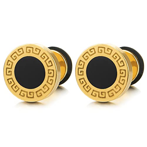 10MM Gold Kreis Ohrstecker für Herren mit Griechischen Schlüsselmuster und Schwarz Emaille. Ohrringe. Herren Ohrschmuck von COOLSTEELANDBEYOND