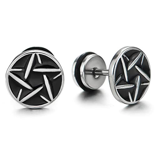 10MM Herren Damen Edelstahl Stern Pentagramm Kreis Ohrringe Ohrstecker mit Schwarz Emaille, Schraube Wieder, 1 Paar von COOLSTEELANDBEYOND