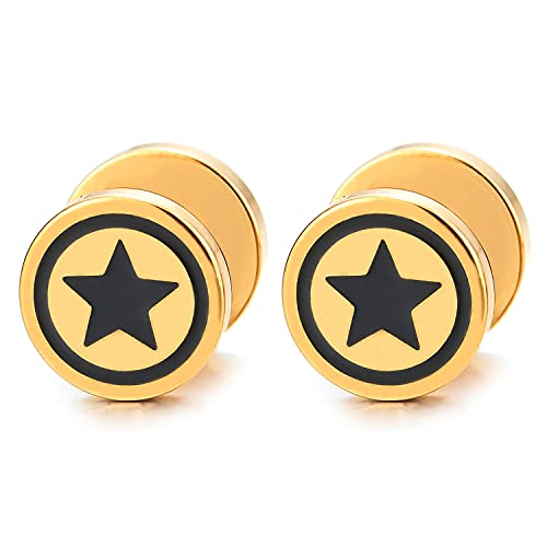 10MM Herren Damen Ohrringe Gold Kreis Stern Ohrstecker mit Schwarz Emaille, Fake Plugs Ohr Cheater Gauges Edelstahl von COOLSTEELANDBEYOND