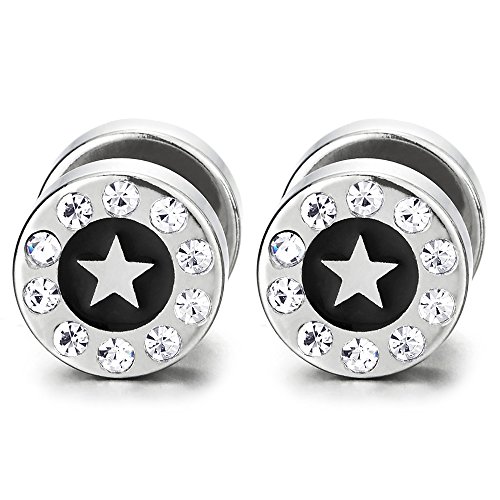 10MM Herren Damen Ohrringe Kreis Stern Ohrstecker mit Zirkonia Schwarz Emaille, Fake Plugs Ohr Cheater Gauges Edelstahl von COOLSTEELANDBEYOND