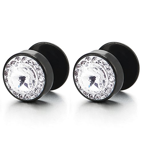 10MM Herren Damen Schwarz Kreis Zirkonia Ohrringe Ohrstecker, Fake Plug Ohr Cheater Tunnel Gauges Ohr-Piercing Edelstahl von COOLSTEELANDBEYOND