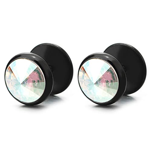 10MM Herren Damen Schwarz Ohrringe mit Regenbogen Kristall, Edelstahl Ohrstecker Fakeplugs Fake Plug Tunnel Ohr-Piercing von COOLSTEELANDBEYOND