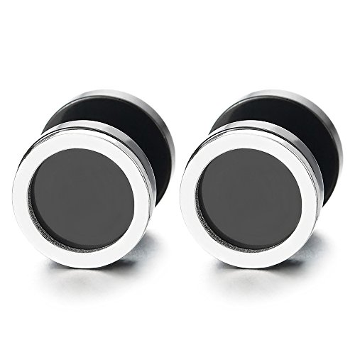 10MM Herren Damen Silber Schwarz Kreis Ohrstecker Ohrringe, Fake Plugs Ohr Cheater Tunnel Gauges Edelstahl von COOLSTEELANDBEYOND