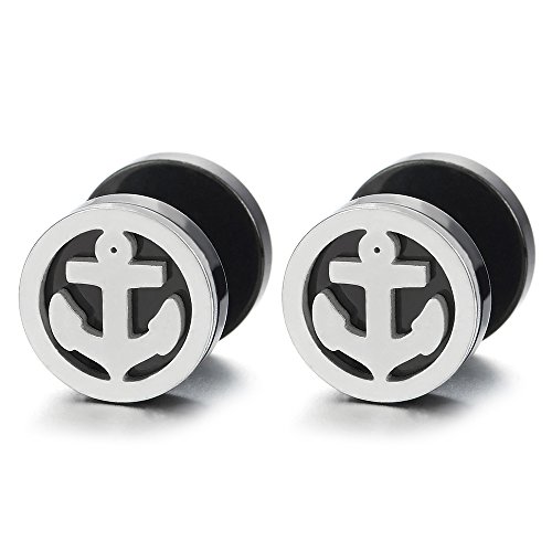 10MM Herren Damen Silber Schwarz Kreis Ohrstecker Ohrringe mit Anker, Fake Plugs Ohr Cheater Tunnel Gauges Edelstahl von COOLSTEELANDBEYOND