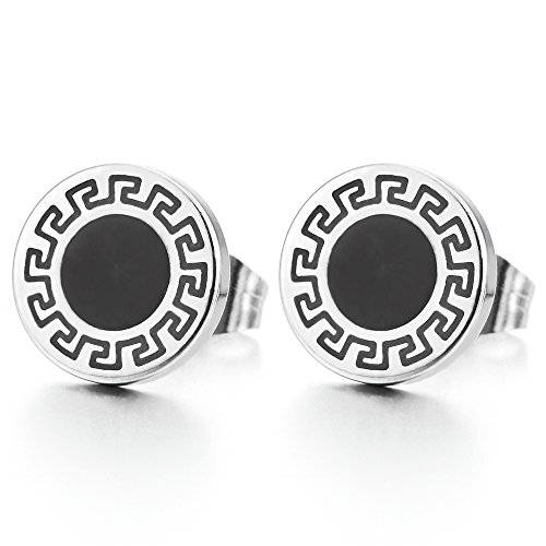 10MM Kreis Ohrstecker für Herren Damen mit Griechischen Schlüsselmuster und Schwarzer Emaille, Ohrringe, Ohrschmuck von COOLSTEELANDBEYOND