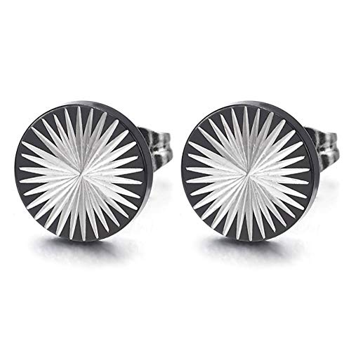 10MM Kreis Ohrstecker mit Lüfter Sonnenstrahlen Sunburst Laser-Muster, Herren Damen Ohrringe Edelstahl, Silber Schwarze von COOLSTEELANDBEYOND