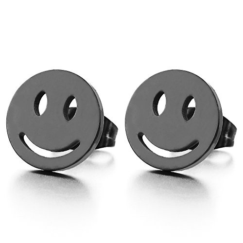 10MM Lächelndes Gesicht Schwarz Kreis Ohrstecker Herren Damen Jungen, Gestüt Ohrringe Edelstahl, Ohrschmuck, 2 Stücke von COOLSTEELANDBEYOND