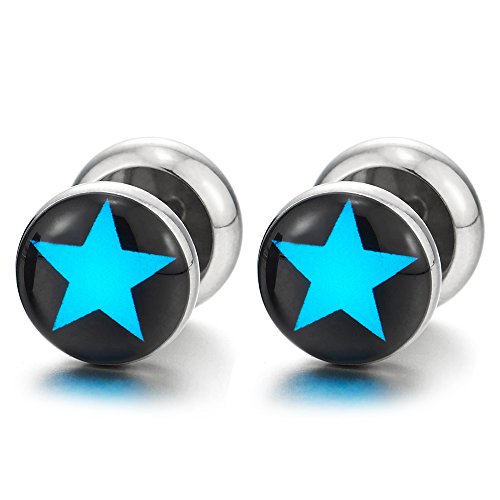 10MM Schwarz Blau Pentagramm Runder Ohrstecker Edelstahl Gestüt Ohrringe Herren Damen, Fake Plugs Cheater Tunnel Gauges von COOLSTEELANDBEYOND