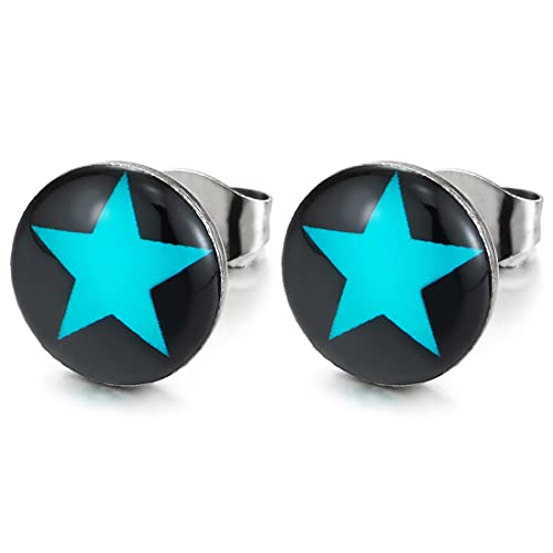 10MM Schwarz Kreis Blau Pentagramm Runder Ohrstecker Edelstahl Gestüt Ohrringe Herren Damen, 1 Paar von COOLSTEELANDBEYOND