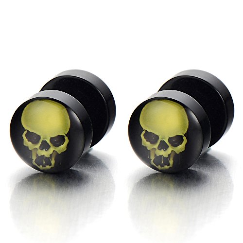 10MM Schwarz Kreis Ohrstecker mit Schädel Herren Damen Ohrringe Fakeplugs Ohr-Plug Tunnel Gauges Ohr-Piercing, 1 Paar von COOLSTEELANDBEYOND