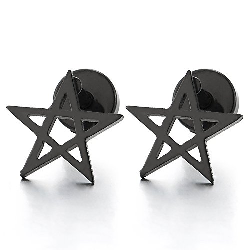 10MM Schwarz Stern Pentagramm Ohrstecker, Gestüt Ohrringe Herren Damen Jungen, Ohrschmuck, Schraube Wieder, 2 Stück von COOLSTEELANDBEYOND