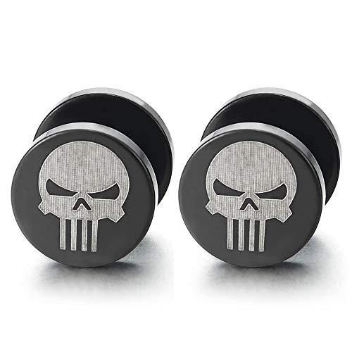 12MM Edelstahl Herren Silber Schwarz Schädel Ohrstecker, Fake Plugs Ohr Cheater Tunnel Gauges Ohr-Piercing von COOLSTEELANDBEYOND