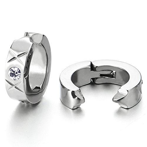 2 Click-on Creolen mit Zirkonia und Rillen X, Herren Damen Edelstahl Huggie Ohr Manschette Ohrringe, Fake Piercing von COOLSTEELANDBEYOND