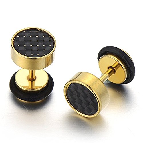 2 Gold Herren Ohrringe Edelstahl Ohrstecker Fakeplugs Fake Plug Tunnel Ohr-Piercing mit Kohlefaser-Einlage, 10MM von COOLSTEELANDBEYOND