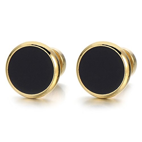 2 Gold Herren Ohrringe Edelstahl Ohrstecker Fakeplugs Fake Plug Tunnel Ohr-Piercing mit Kohlefaser-Einlage,10MM von COOLSTEELANDBEYOND