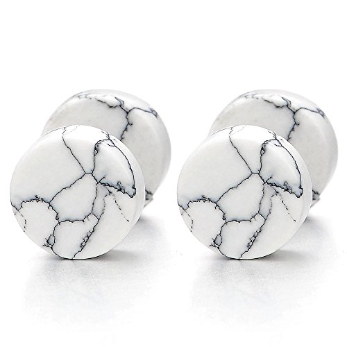 2 Herren Damen 6MM Weiß Marmor Ohrringe Ohrstecker Edelstahl Fake Plugs Ohr Cheater Tunnel Gauges Ohr-Piercing Edelstahl von COOLSTEELANDBEYOND