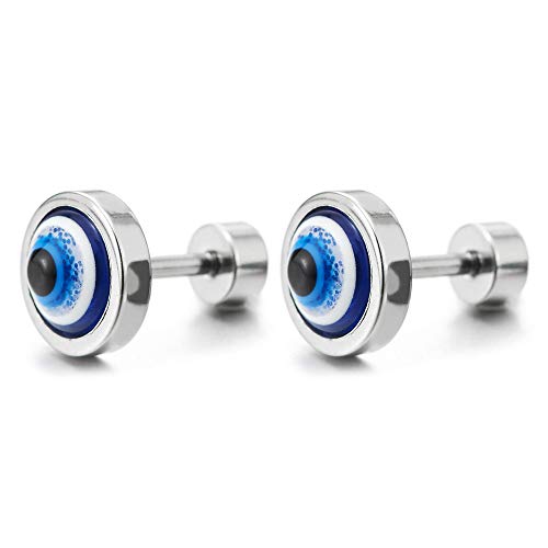 COOLSTEELANDBEYOND 2 Herren Damen Edelstahl Bösen Blick Kreis Ohrringe Ohrstecker mit Blau Harz, Schraube Wieder von COOLSTEELANDBEYOND