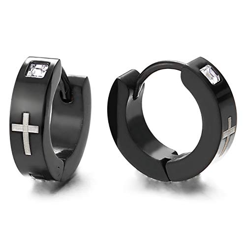 2 Herren Damen Schwarz Creolen mit Zirkonia und Schwarzer Emaille Kreuz, Edelstahl Huggie Ohr Manschette Ohrringe von COOLSTEELANDBEYOND