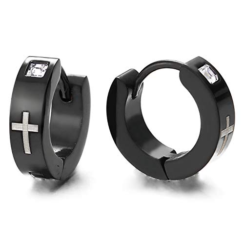 2 Herren Damen Schwarz Creolen mit Zirkonia und Schwarzer Emaille Kreuz, Edelstahl Huggie Ohr Manschette Ohrringe 2 Herren Damen Schwarz Creolen mit Zirkonia und Schwarzer Emaille Kreuz, Edelstahl Huggie Ohr Manschette Ohrringe von COOLSTEELANDBEYOND