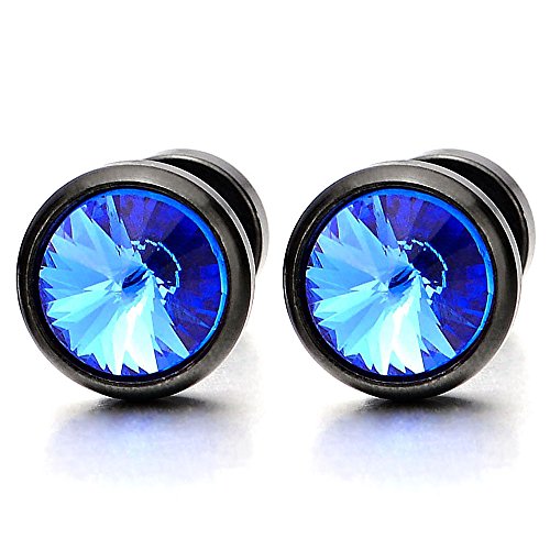 2 Herren Damen Schwarz Ohrringe mit 6mm Blau Zirkonia Fake plugs Ohr Cheater Tunnel Gauges Ohr-Piercing Edelstahl von COOLSTEELANDBEYOND