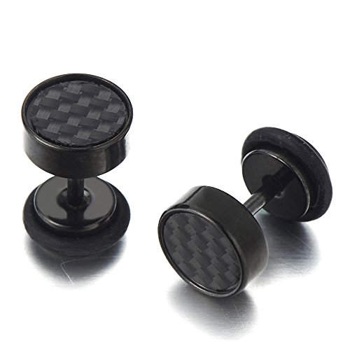 2 Schwarz Herren Ohrringe Edelstahl Ohrstecker Fakeplugs Fake Plug Tunnel Ohr-Piercing mit Kohlefaser-Einlage, 10MM von COOLSTEELANDBEYOND