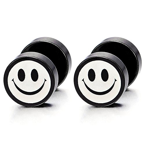 2 Schwarz Weiß Lächelndes Gesicht Ohrstecker Herren Damen, Gestüt Ohrringe Edelstahl, Fake Ohr Plug Gauges Ohr-Piercing von COOLSTEELANDBEYOND