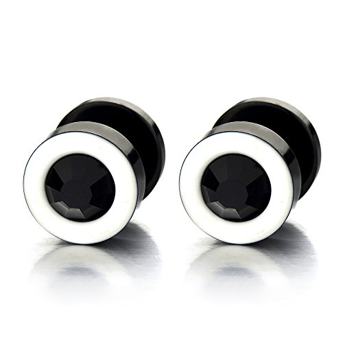 2 Weiß Schwarz Herren Damen Ohrringe Edelstahl Ohrstecker Fake Plugs Tunnel Ohr-Piercing mit 4mm Schwarz Zirkonia von COOLSTEELANDBEYOND