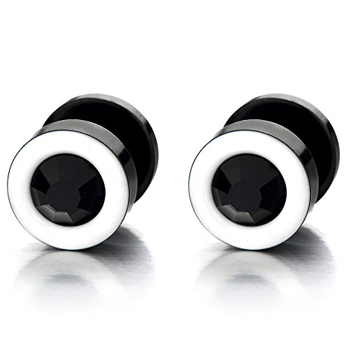 2 Weiß Schwarz Herren Damen Ohrringe Edelstahl Ohrstecker Fake Plugs Tunnel Ohr-Piercing mit 6mm Schwarz Zirkonia von COOLSTEELANDBEYOND