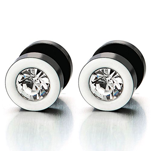 2 Weiß Schwarz Herren Damen Ohrringe Edelstahl Ohrstecker Fake Plugs Tunnel Ohr-Piercing mit 6mm Zirkonia von COOLSTEELANDBEYOND