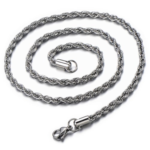 COOLSTEELANDBEYOND 4MM Breit 55 CM Lang Edelstahl Kordelkette Herren-kette Hip Hop Collier Silber Farbe mit Karabinerverschluss von COOLSTEELANDBEYOND