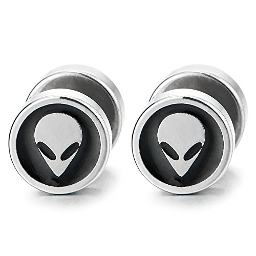 8MM Edelstahl Alien Schädel Kreis Ohrstecker con Schwarz Emaille, Herren Damen Ohrringe Fake Plugs Ohr Tunnel Gauges von COOLSTEELANDBEYOND