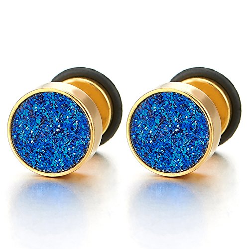 8MM Gold Blau Funkelnd Kreis Damen Herren Ohrringe Edelstahl Ohrstecker Fake Plugs Ohr Cheater Tunnel Gauges, 1 Paar von COOLSTEELANDBEYOND