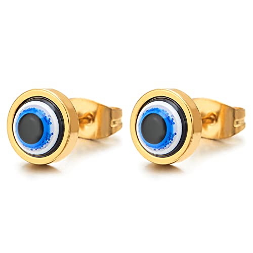 8MM Goldfarben Kuppel Kreis Ohrringe Ohrstecker mit Weiß Blau Bösen Blick, Herren Damen, Edelstahl, 1 Paar von COOLSTEELANDBEYOND