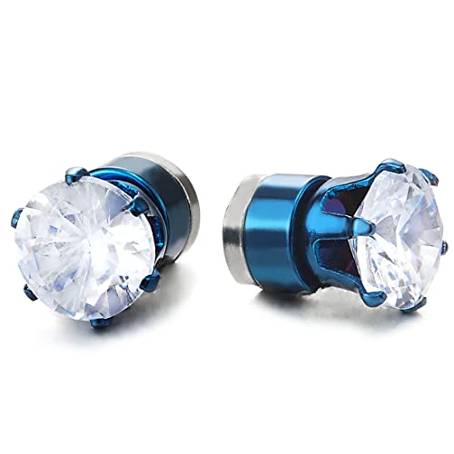 8MM Herren Damen Blau Magnetische Zirkonia Ohrringe, Edelstahl, Click-on Ohrstecker Fakeplugs Tunnel Gauges von COOLSTEELANDBEYOND