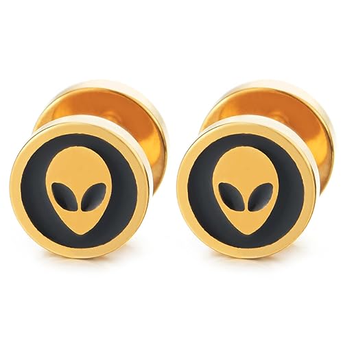 8MM Herren Damen Goldfarben Edelstahl Alien Schädel Kreis Ohrringe mit Schwarz Emaille, Fake Plugs Ohr Tunnel Gauges 8MM Herren Damen Goldfarben Edelstahl Alien Schädel Kreis Ohrringe mit Schwarz Emaille, Fake Plugs Ohr Tunnel Gauges von COOLSTEELANDBEYOND