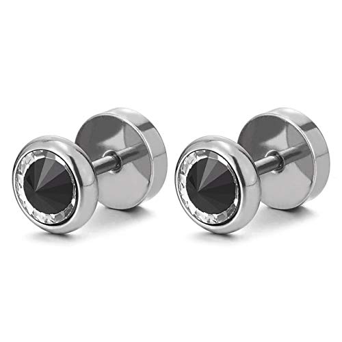 8MM Herren Damen Kreis Ohrringe mit Schwarz Spitzte Zirkonia, Edelstahl Ohrstecker, Fake Plug Ohr Cheater Tunnel Gauge von COOLSTEELANDBEYOND