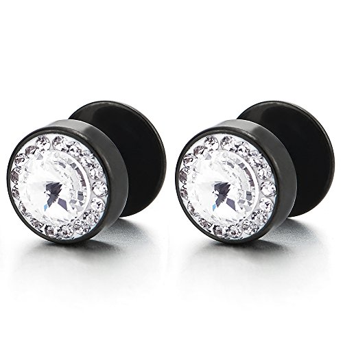 8MM Herren Damen Schwarz Kreis Zirkonia Ohrringe Ohrstecker, Fake Plugs Ohr Cheater Tunnel Gauges Ohr-Piercing Edelstahl von COOLSTEELANDBEYOND